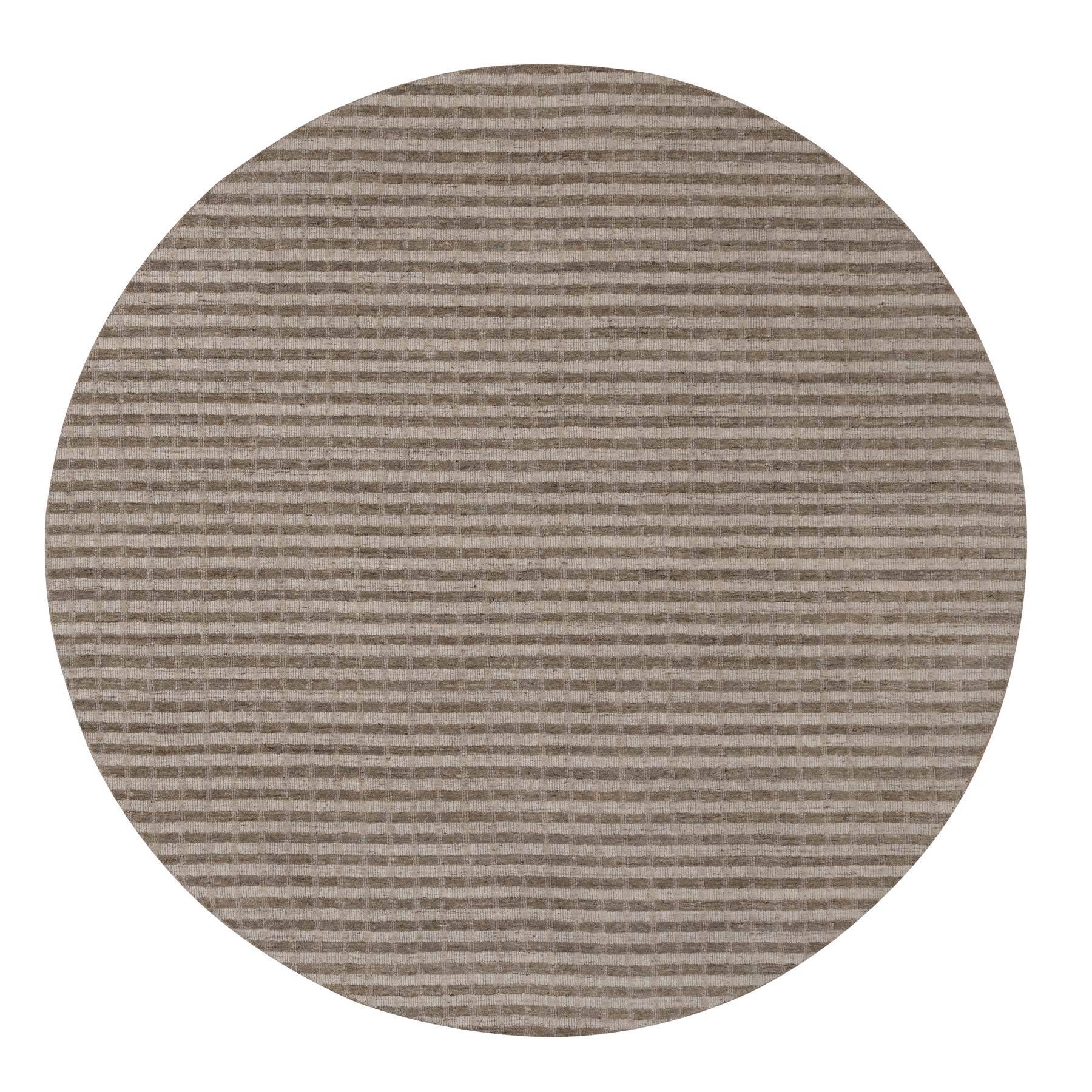Tan and Chocolate Brown, Vertical Stripes Design with Salt and Pepper Effect, Hand Loomed, Undyed Natural Wool, Round, Oriental Rug